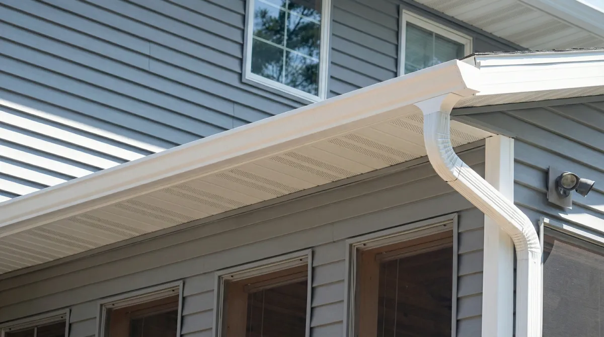 Professional home remodeling project showing newly installed white seamless gutters and downspouts on a house with gray siding in Chandler, AZ
