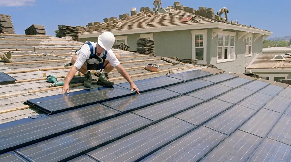 Roof replacement expert installing modern solar shingles on a residential home in Chandler, AZ