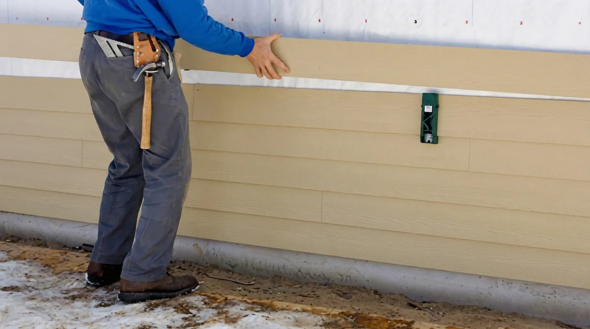 Siding replacement expert carefully aligning a new tan siding panel onto a residential exterior wall in Chandler, AZ