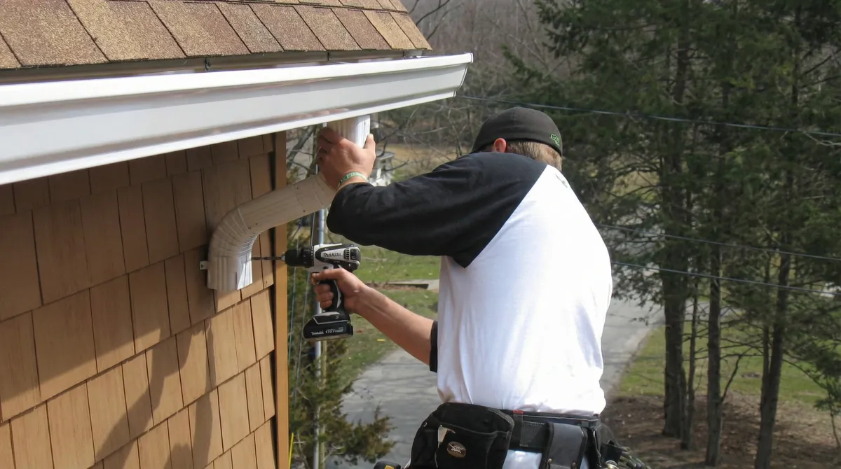 Professional contractor installing tan vinyl siding panels on a residential home exterior in Chandler, AZ
