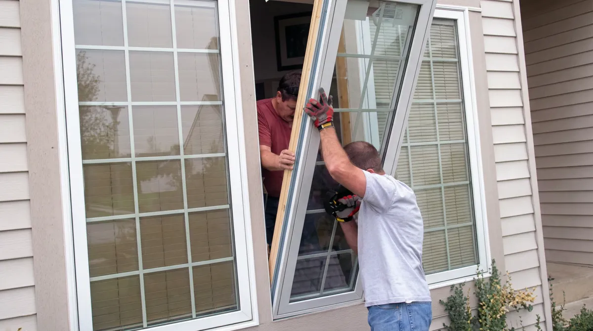 Professional home remodeling team installing a large replacement window on a house with tan siding in Chandler, AZ